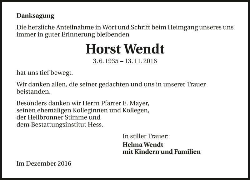  Traueranzeige für Horst Wendt vom 17.12.2016 aus 