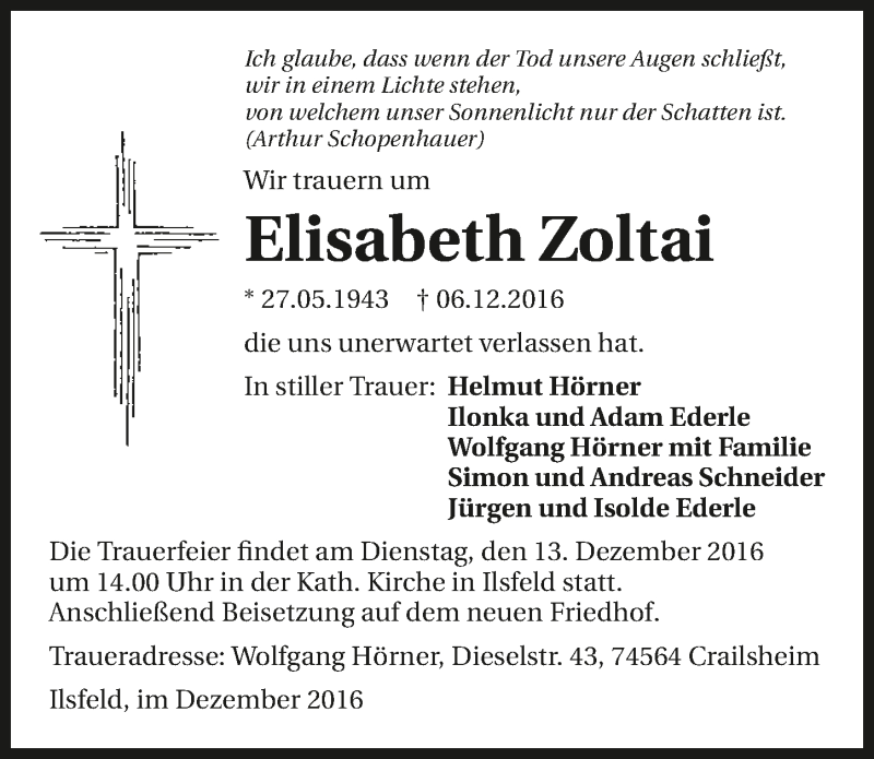  Traueranzeige für Elisabeth Zoltai vom 10.12.2016 aus 