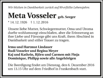 Traueranzeige von Meta Vosseler 