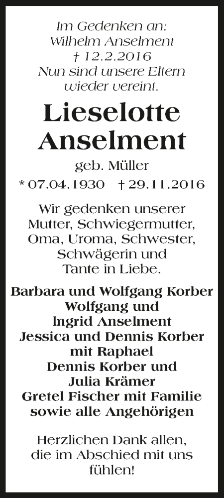  Traueranzeige für Lieselotte Anselment vom 07.12.2016 aus 