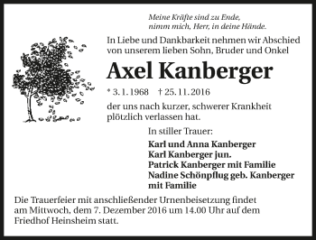 Traueranzeige von Axel Kanberger 
