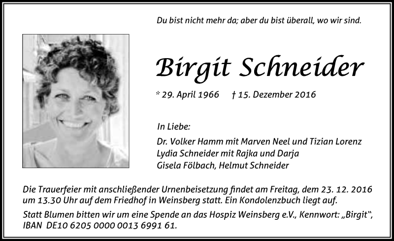 Traueranzeige für Birgit Schneider vom 17.12.2016 aus 