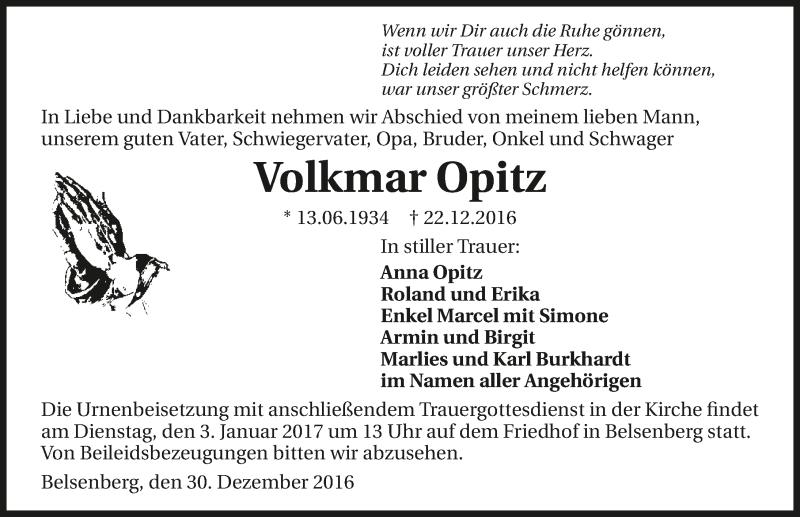  Traueranzeige für Volkmar Opitz vom 30.12.2016 aus 