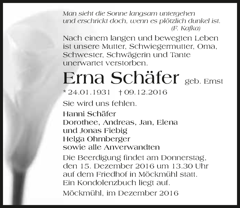 Traueranzeige für Erna Schäfer vom 13.12.2016 aus 