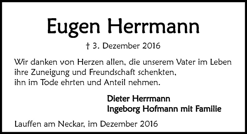  Traueranzeige für Eugen Herrmann vom 31.12.2016 aus 