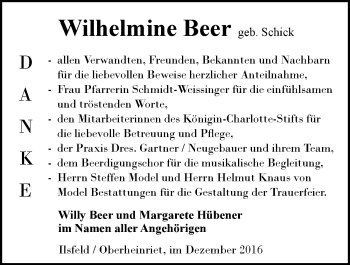 Traueranzeige von Wilhelmine Beer 