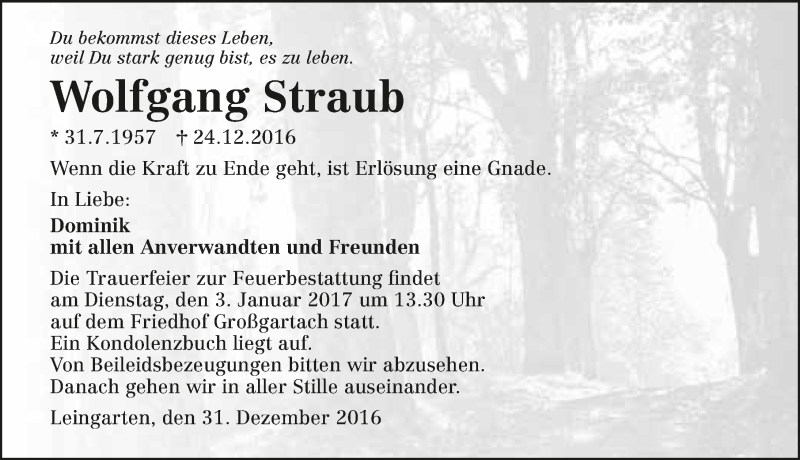  Traueranzeige für Wolfgang Straub vom 31.12.2016 aus 