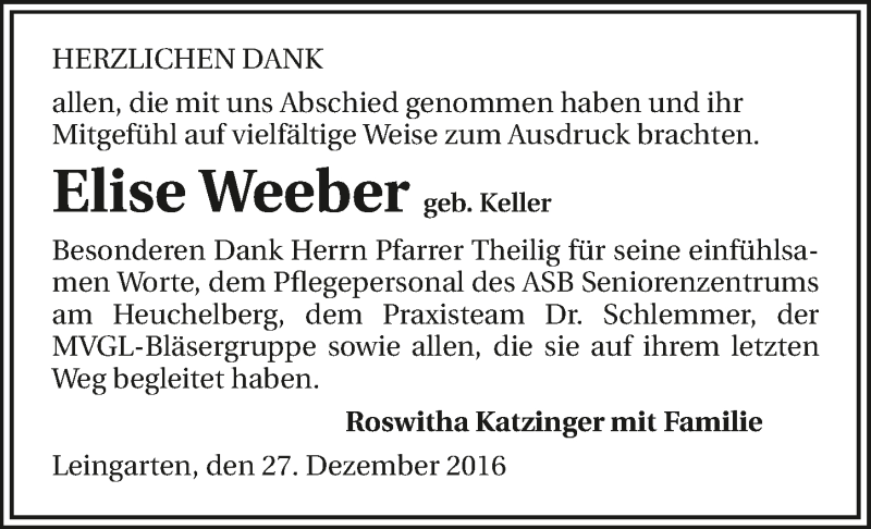  Traueranzeige für Elise Weeber vom 27.12.2016 aus 