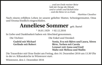 Traueranzeige von Anneliese Sommer 