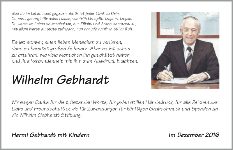 Traueranzeige für Wilhelm Gebhardt vom 15.12.2016 aus 