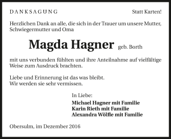 Traueranzeige von Magda Hagner 