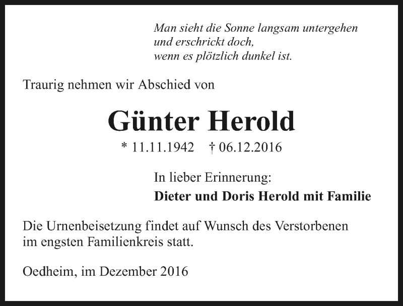  Traueranzeige für Günter Herold vom 10.12.2016 aus 