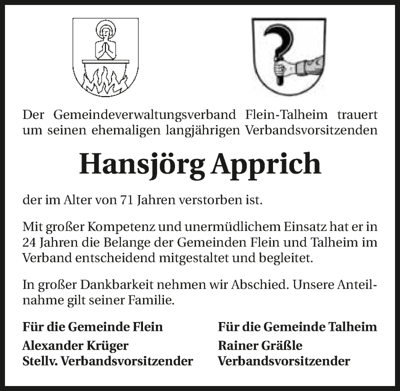  Traueranzeige für Hansjörg Apprich vom 17.12.2016 aus 