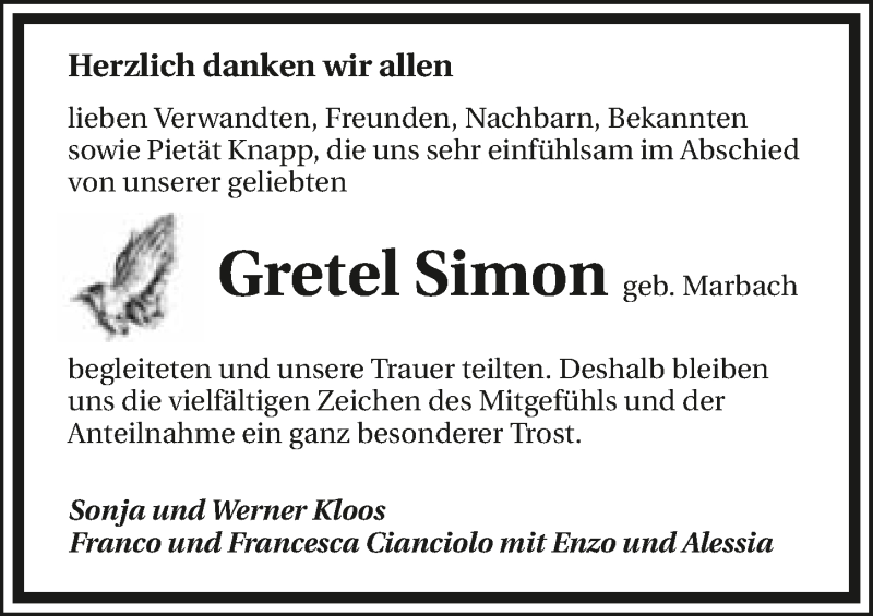  Traueranzeige für Gretel Simon vom 10.12.2016 aus 