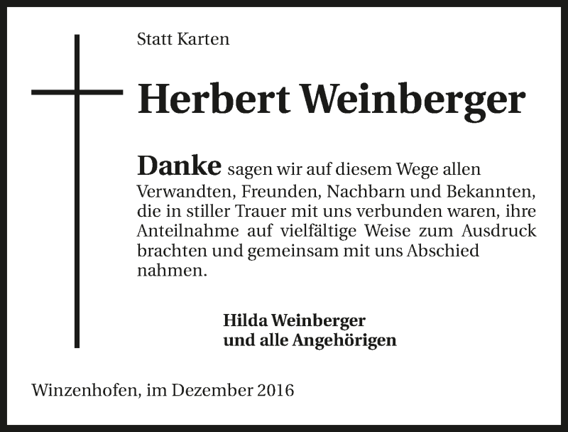 Traueranzeige für Herbert Weinberger vom 17.12.2016 aus 