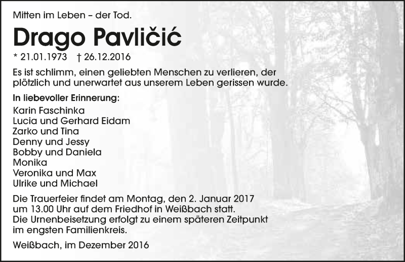  Traueranzeige für Drago Pavlicic vom 31.12.2016 aus 