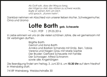 Traueranzeige von Lotte Barth 