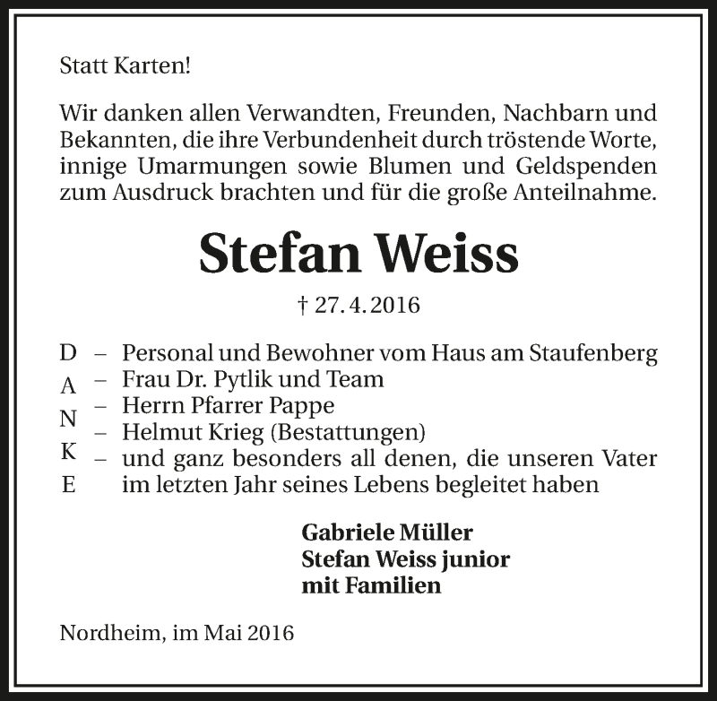  Traueranzeige für Stefan Weiss vom 19.05.2016 aus 