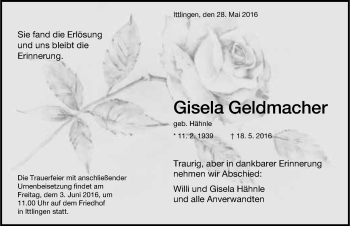 Traueranzeige von Gisela Geldmacher 