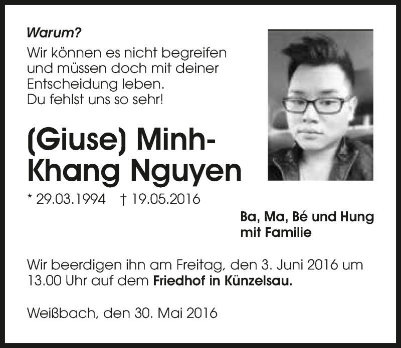  Traueranzeige für Minh-Khang Nguyen vom 30.05.2016 aus 