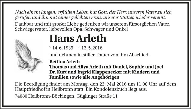  Traueranzeige für Hans Arleth vom 18.05.2016 aus 