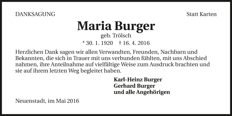  Traueranzeige für Maria Burger vom 21.05.2016 aus 