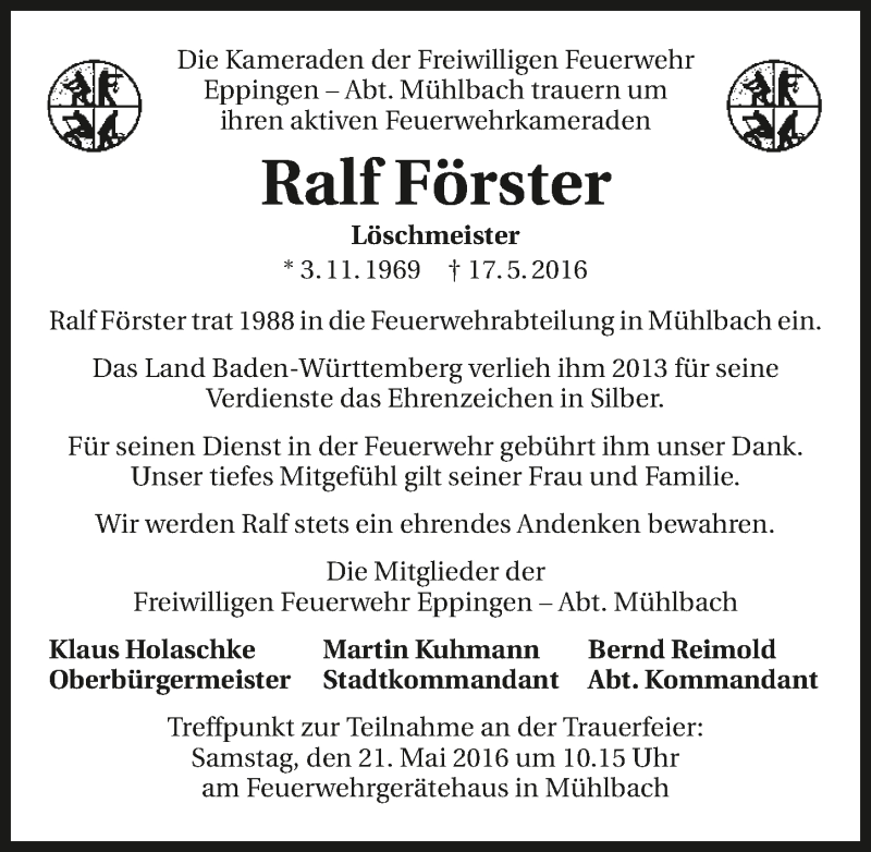  Traueranzeige für Ralf Förster vom 19.05.2016 aus 