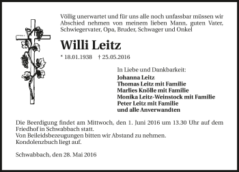 Traueranzeige von Willi Leitz 