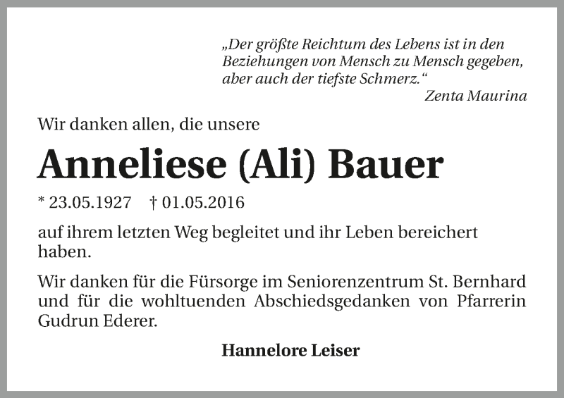  Traueranzeige für Anneliese Bauer vom 25.05.2016 aus 