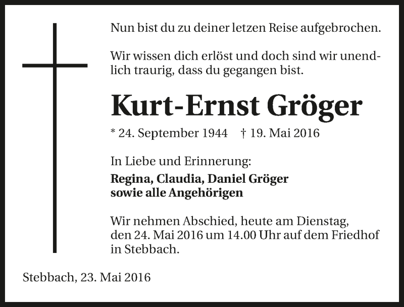  Traueranzeige für Kurt-Ernst Gröger vom 24.05.2016 aus 
