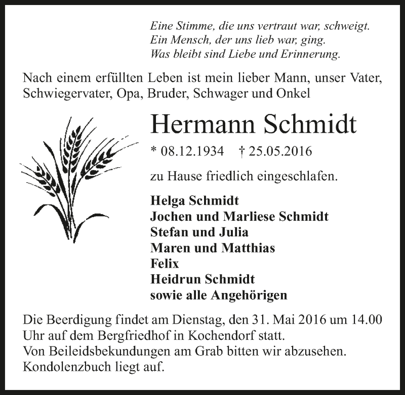  Traueranzeige für Hermann Schmidt vom 28.05.2016 aus 