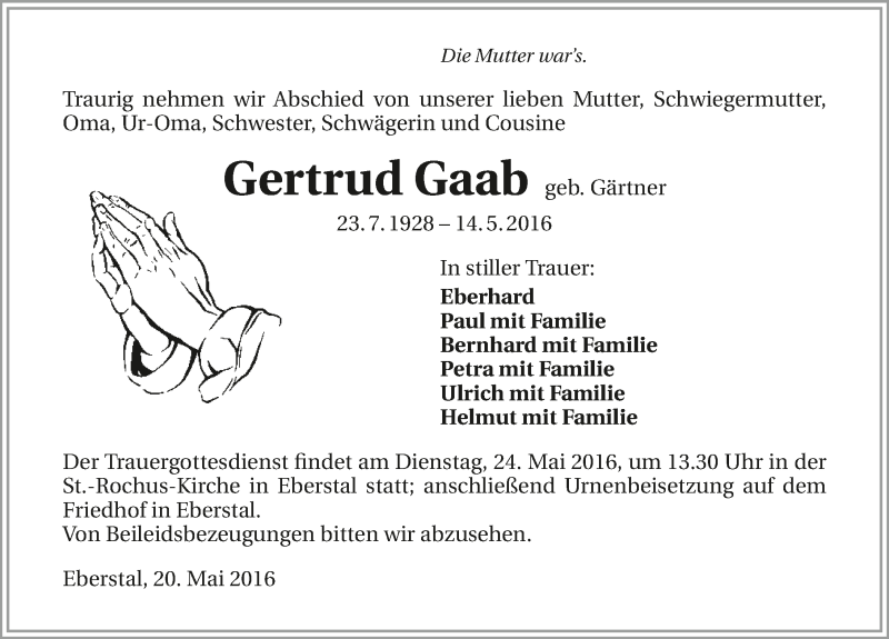  Traueranzeige für Gertrud Gaab vom 20.05.2016 aus 