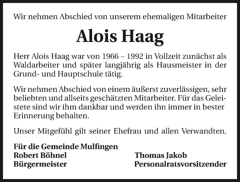  Traueranzeige für Alois Haag vom 18.05.2016 aus 