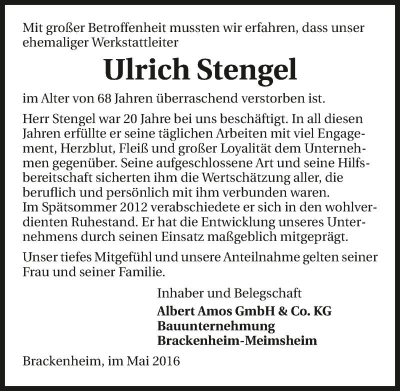 Traueranzeige für Ulrich Stengel vom 31.05.2016 aus 