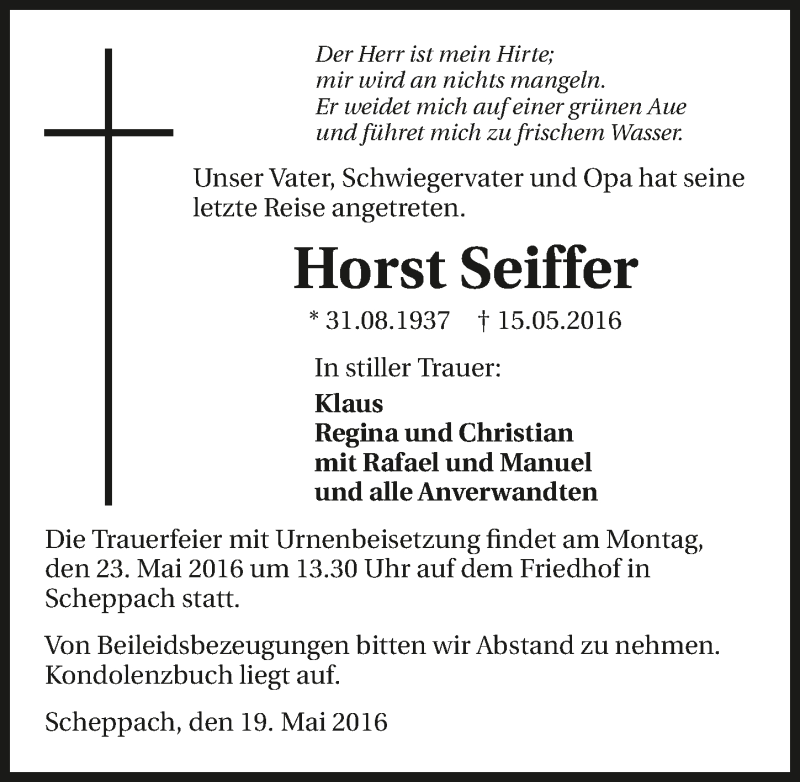  Traueranzeige für Horst Seiffer vom 19.05.2016 aus 
