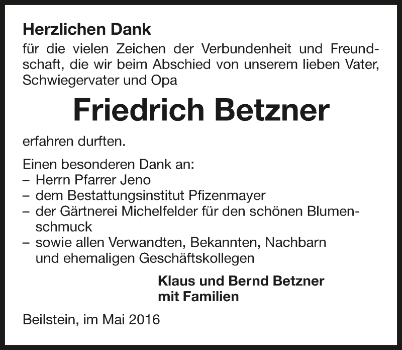  Traueranzeige für Friedrich Betzner vom 28.05.2016 aus 