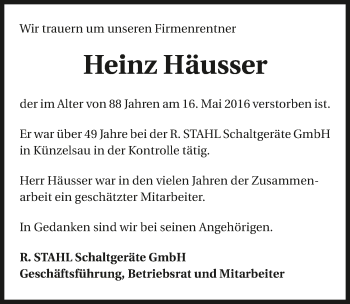 Traueranzeige von Heinz Häusser 