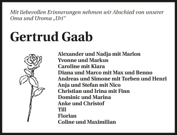Traueranzeige von Gertrud Gaab 