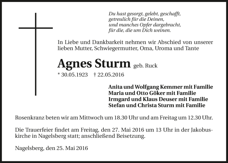  Traueranzeige für Agnes Sturm vom 25.05.2016 aus 