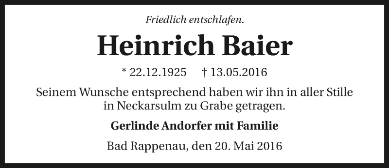  Traueranzeige für Heinrich Baier vom 24.05.2016 aus 