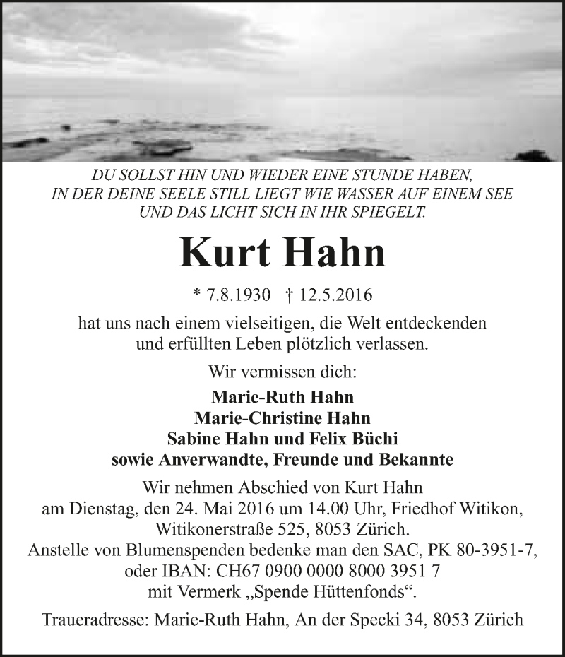  Traueranzeige für Kurt Hahn vom 19.05.2016 aus 