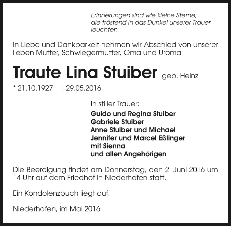  Traueranzeige für Traute Lina Stuiber vom 31.05.2016 aus 