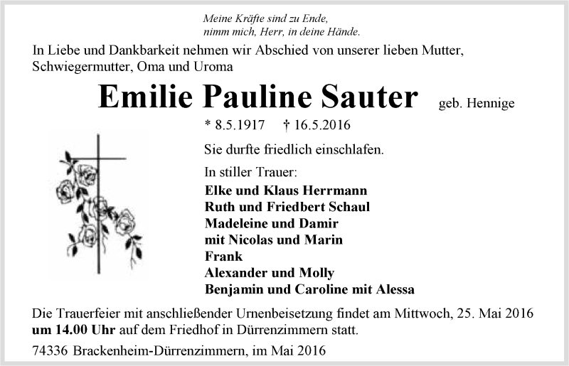  Traueranzeige für Emilie Pauline Sauter vom 19.05.2016 aus 