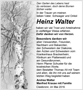Traueranzeige von Heinz Walter 