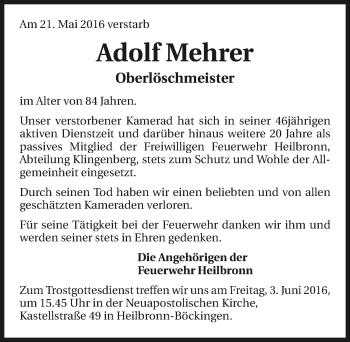 Traueranzeige von Adolf Mehrer 