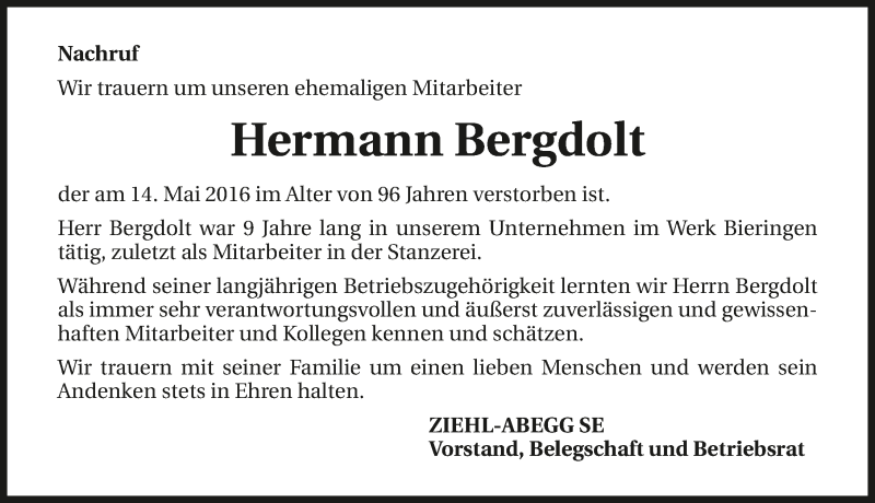  Traueranzeige für Hermann Bergdolt vom 18.05.2016 aus 