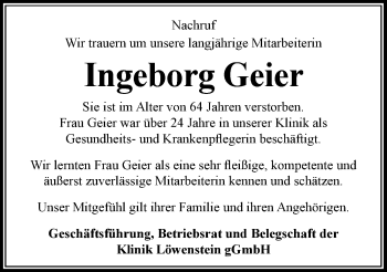 Traueranzeige von Ingeborg Geier 