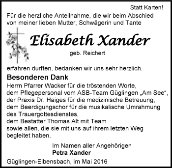 Traueranzeige von Elisabeth Xander 
