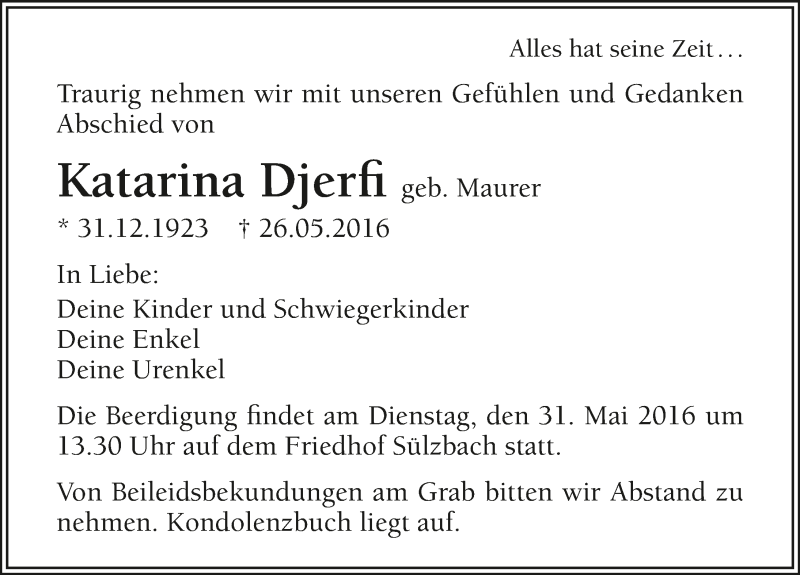 Traueranzeige für Katarina Djerfi vom 28.05.2016 aus 