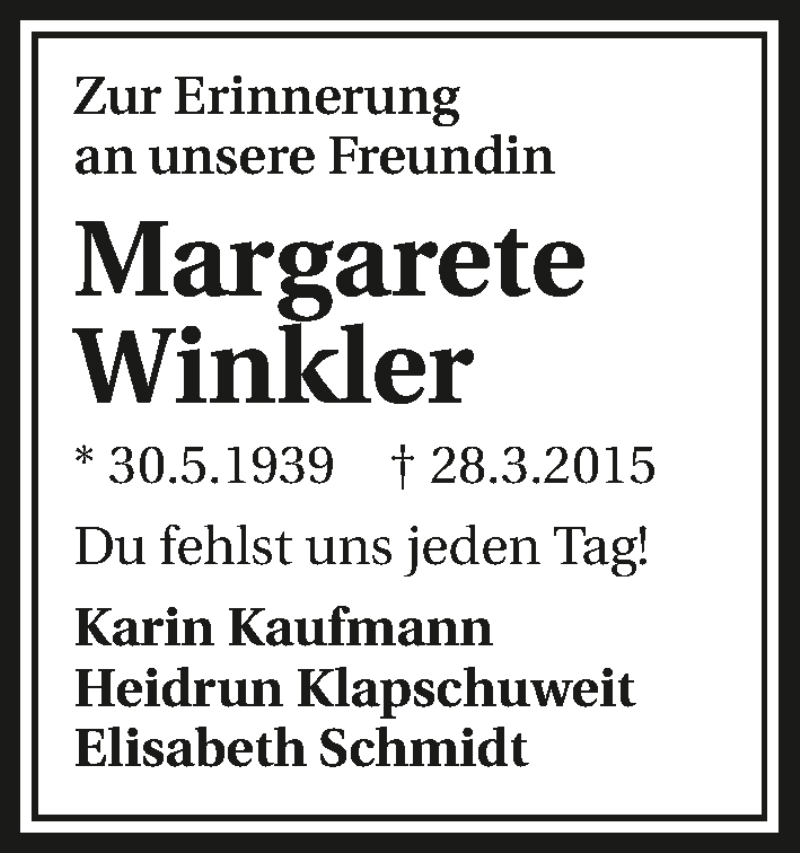  Traueranzeige für Margarete Winkler vom 30.05.2016 aus 